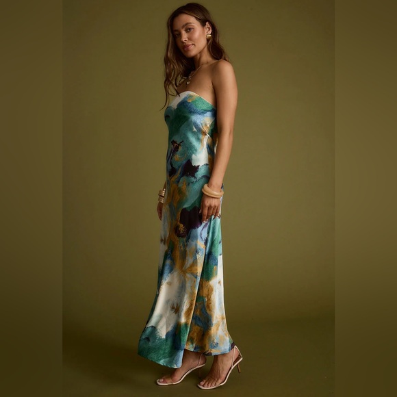 12th Tribe | Dresses | Natalia Blue And Gold Watercolor Strapless Maxi Dress  Xs | Poshmark